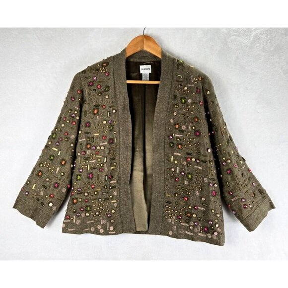 Chico's Jewel Open Front Blazer Sz S Beaded Evening Linen Metallic Thread - Picture 1 of 15